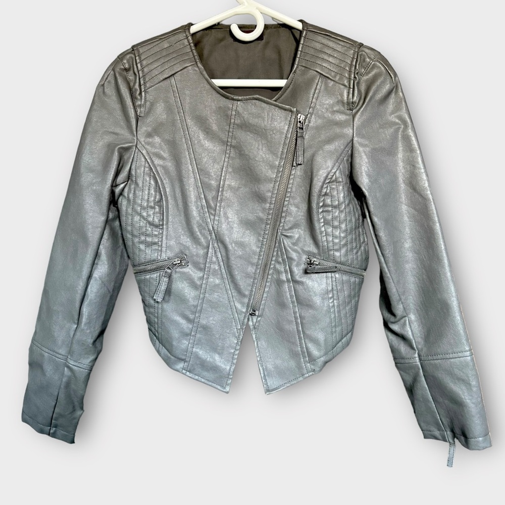 Asymmetrical Cropped Vegan Leather Moto Biker Jacket Grey Medium